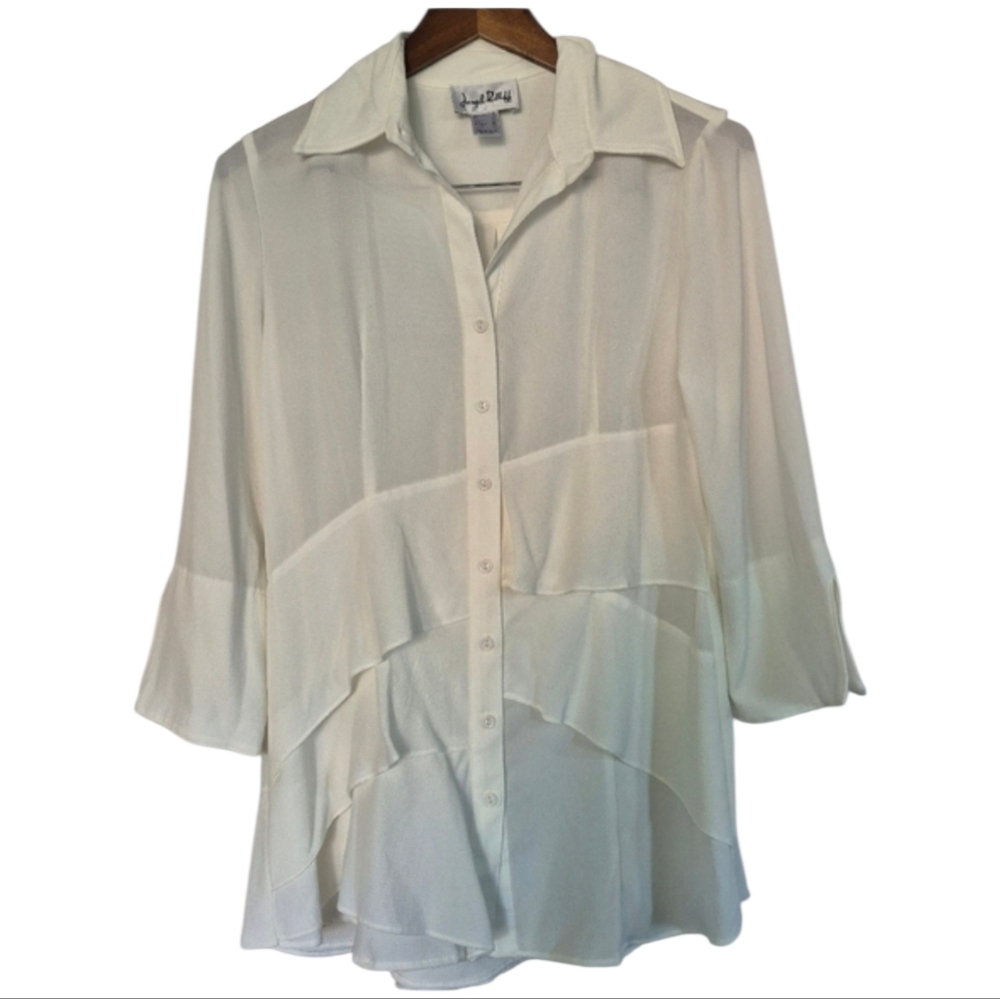Joseph Ribkoff Gauzy Asymmetrical Textured Off White Ruffle Tunic Blouse Size 6